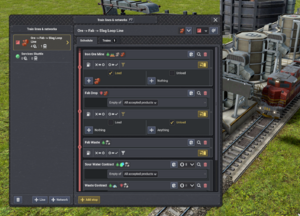 Screenshot of the Train Scheduler window depicting a typical train line hauling from an iron ore mine to a fabrication plant, slag collection to contract export, back to mine.
