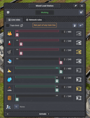 Window of the Line Rules section of a Train Station featuring 4 request and 4 supply resource entries, each demonstrating possible rule combinations